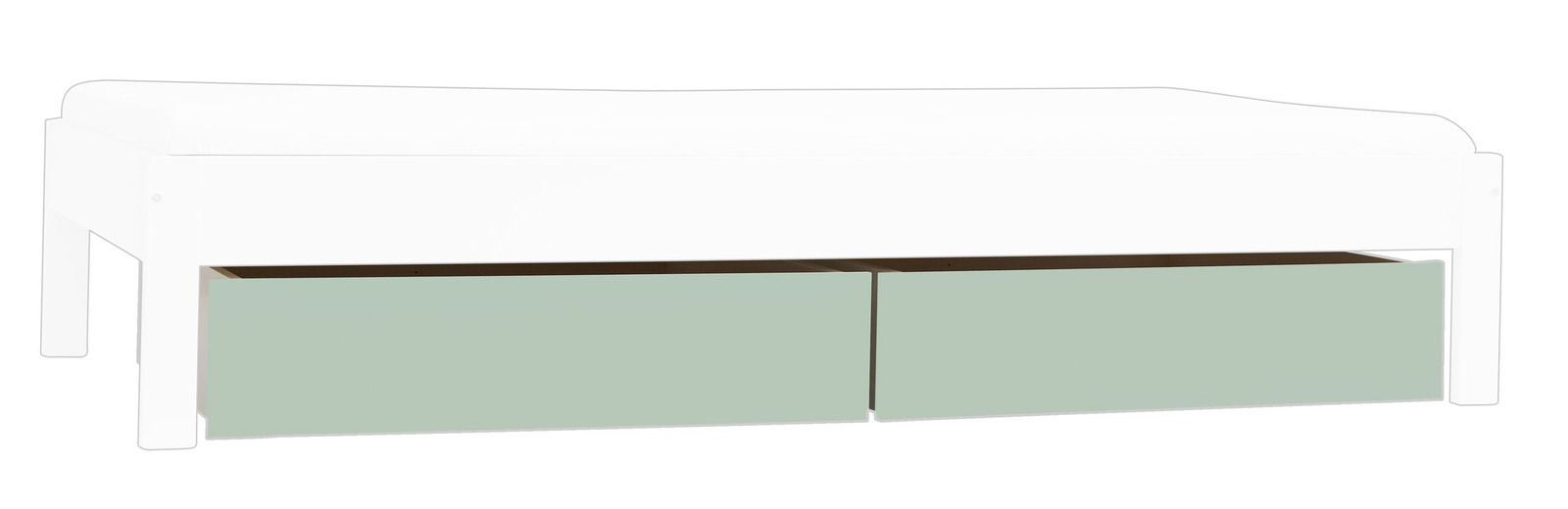 Schubladen-Set in einem Bettgestell, seitliche Perspektive, mit zwei grünen Schubladen unter einem weißen Bett.