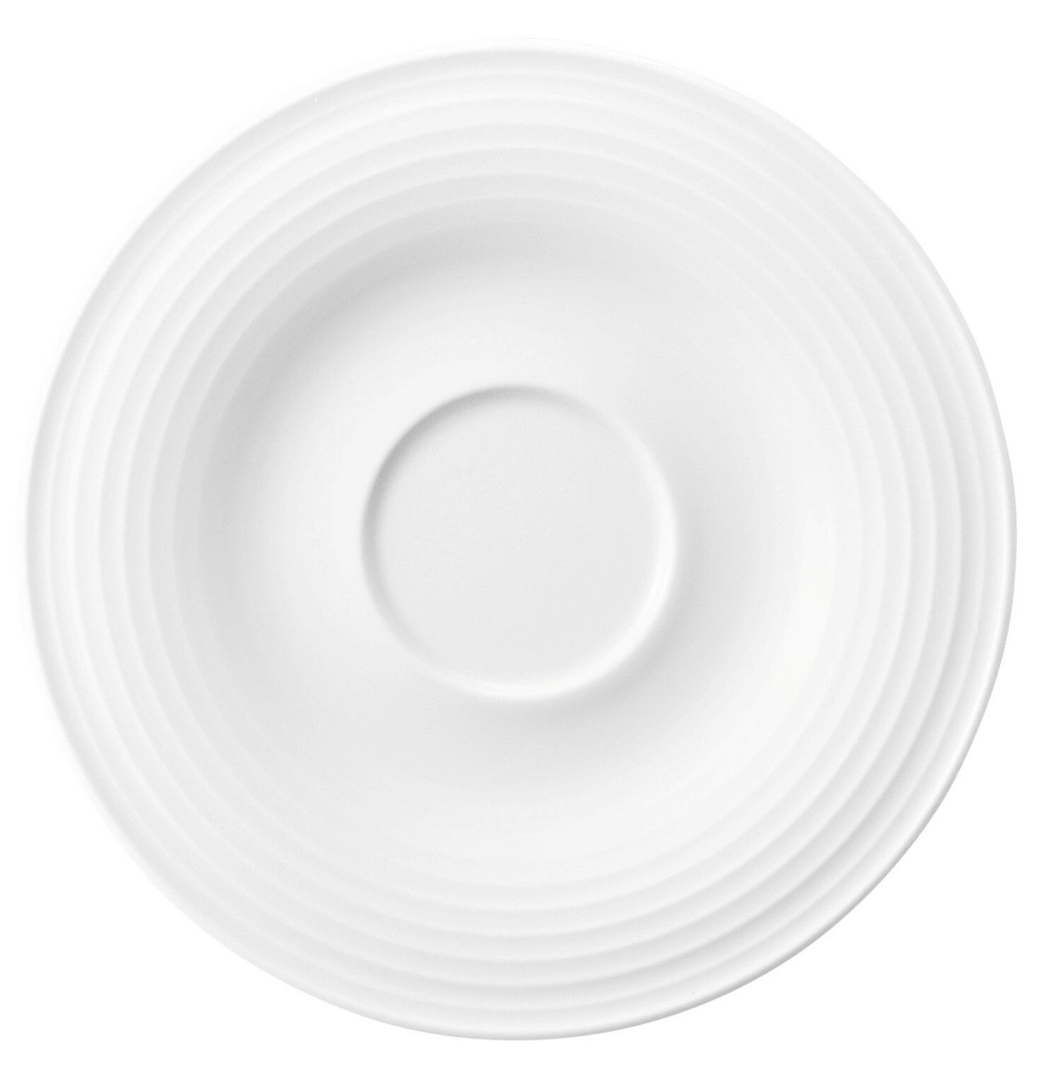 Weiße Untertasse mit geriffeltem Rand, Draufsicht
