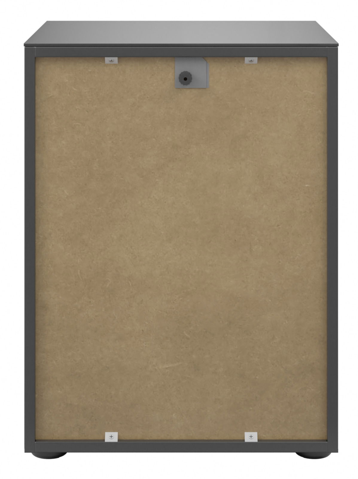 Rückansicht einer Nachtkommode mit schlichtem Design und Holzrückwand.