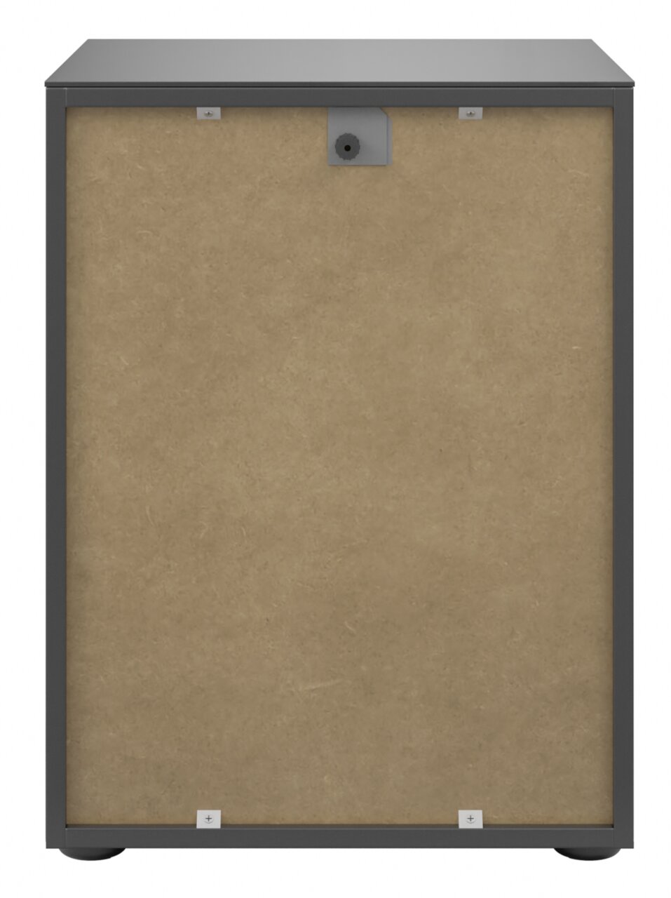 Rückansicht einer Nachtkommode mit schlichtem Design und Holzrückwand.