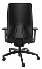 Schwarzer Drehstuhl von hinten mit Armlehnen und Rollen, Rückansicht