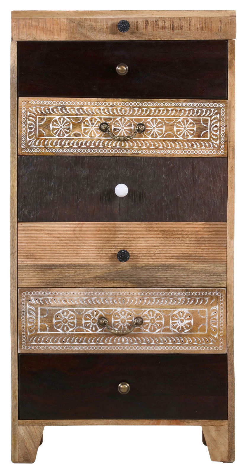 Schubkastenkommode mit dekorativen Schubladenfronten, frontal abgebildet