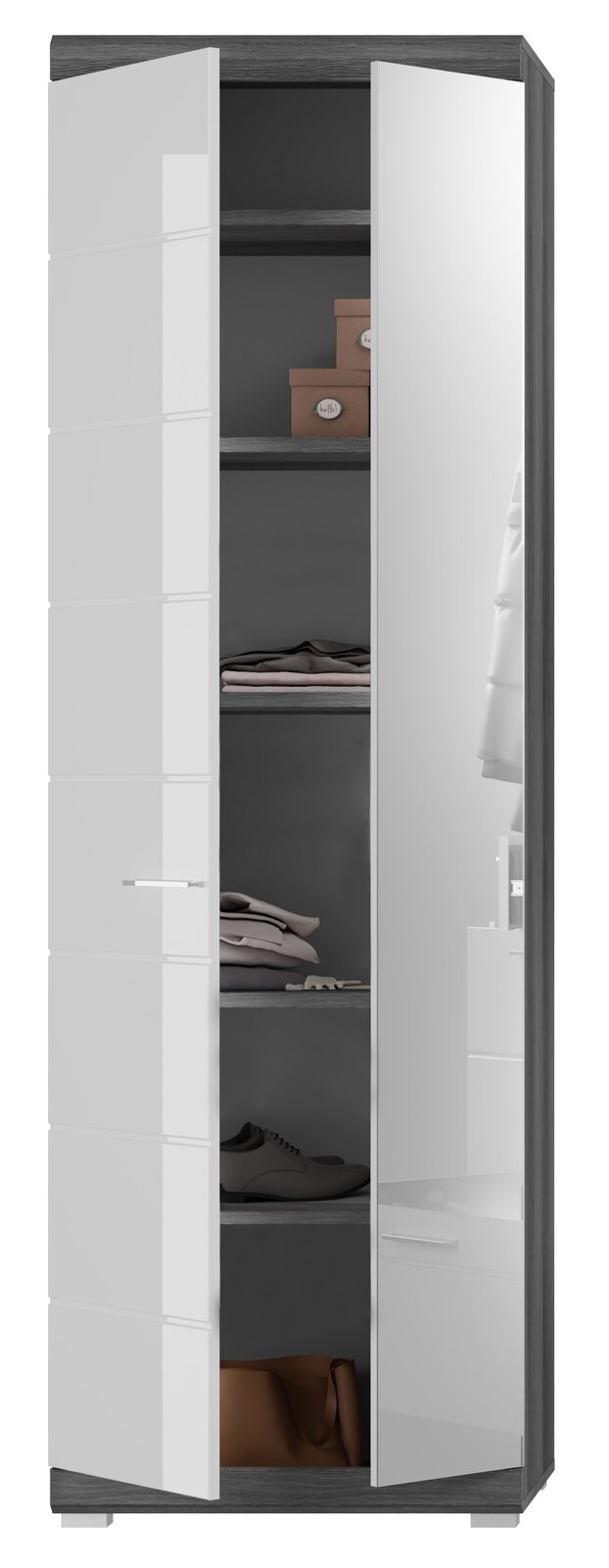 Moderner Garderobenschrank mit teils offenen Türen, zeigt Regalböden mit Kleidung und Schuhen, Perspektive von vorne.