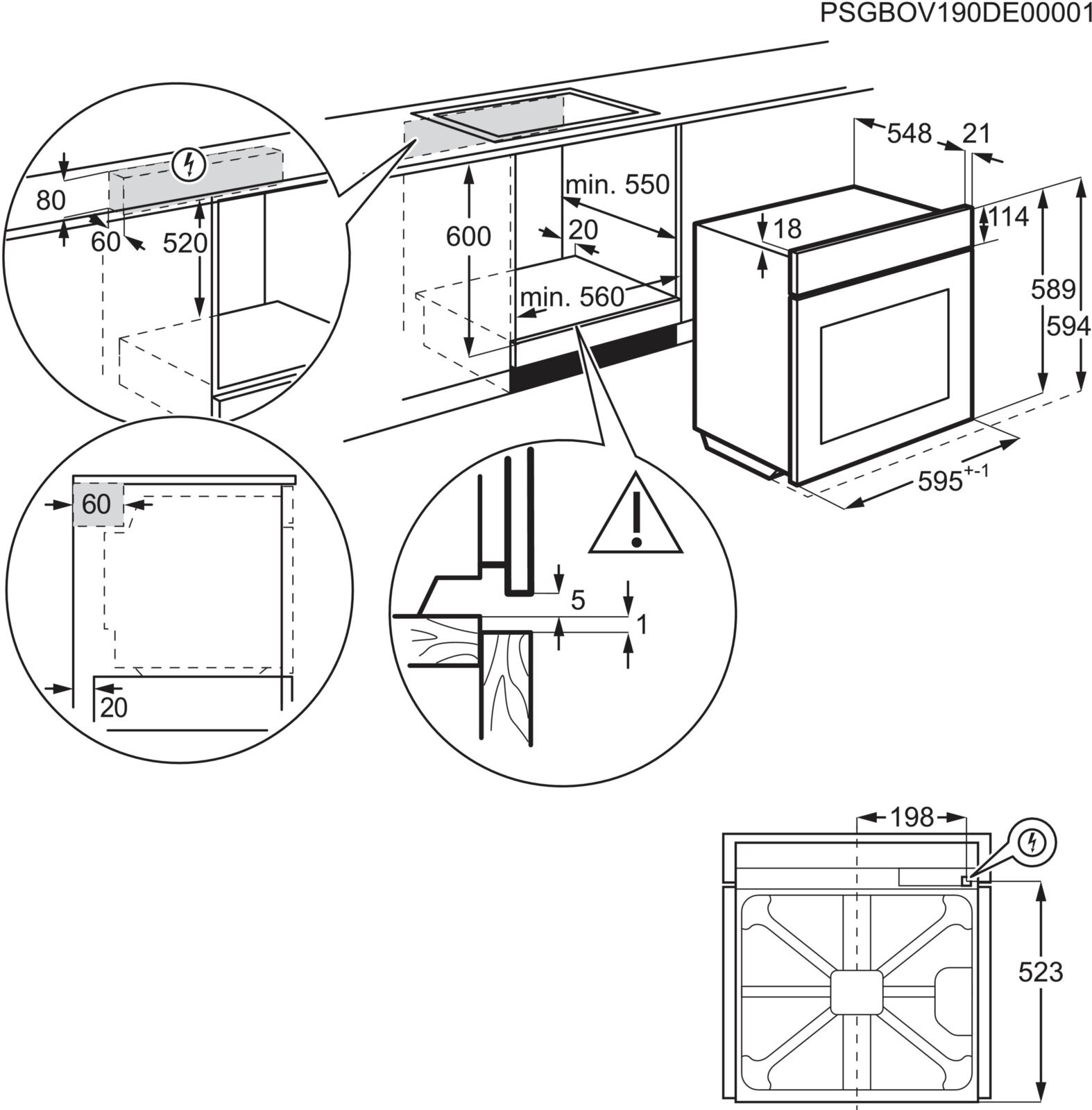 Dieter Knoll Einbauherd DKU35907BK Technische Maßzeichnung eines Einbau-Backofens mit Nischen- und Gerätemaßen, gezeigt in schräger Vorderansicht sowie Detailansichten zur Einbausituation.