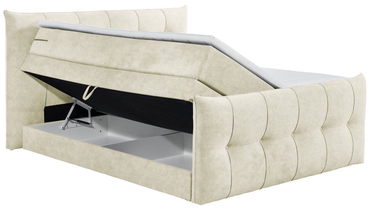 Boxspringbett mit hochgeklappter Matratze und sichtbarem Stauraum, seitliche Perspektive