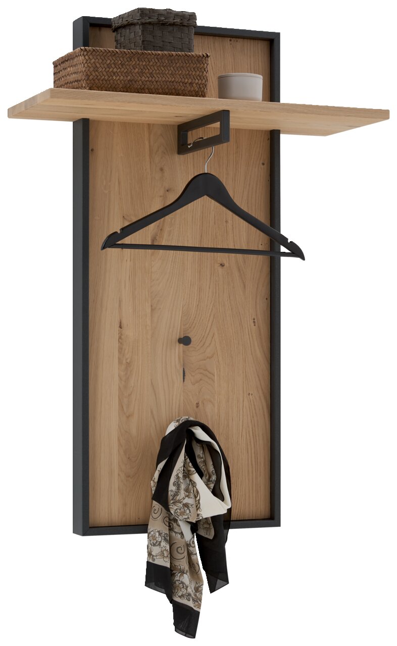 Garderobenpaneel aus Holz mit schwarzem Metallrahmen, Kleiderbügel und Ablage, seitliche Perspektive