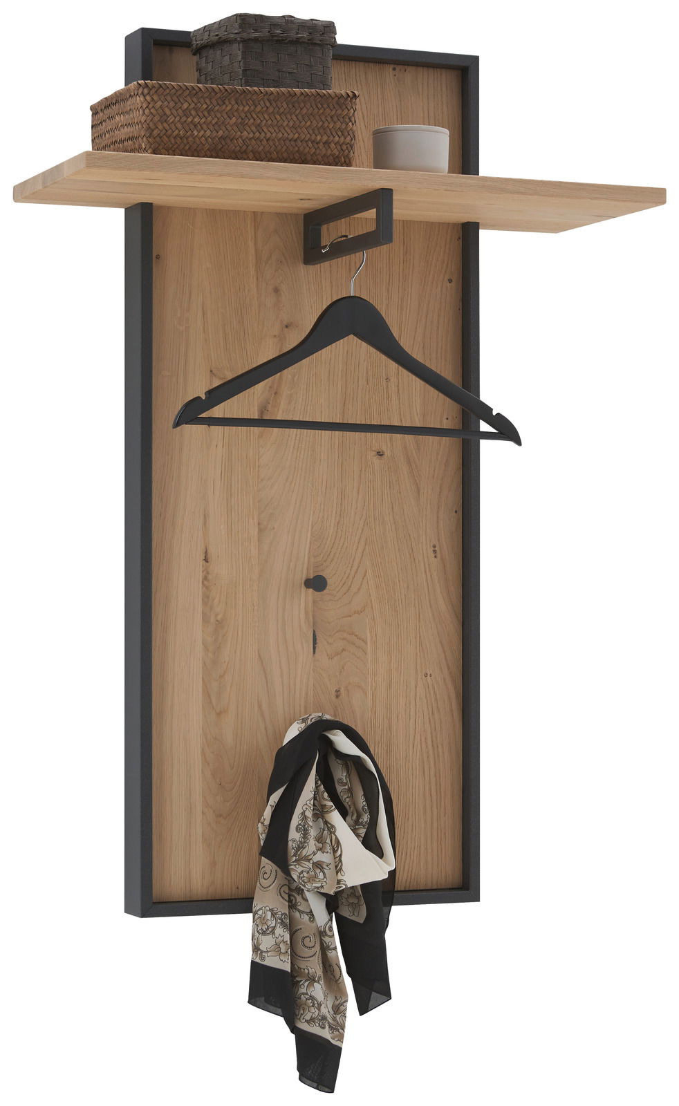 Garderobenpaneel aus Holz mit schwarzem Metallrahmen, Kleiderbügel und Ablage, seitliche Perspektive