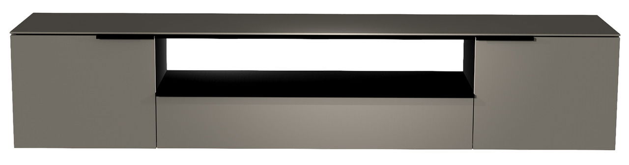 Moderano XL Hänge-Lowboard BORMIO Frontale Ansicht eines modernen, hängenden Lowboards der Serie BORMIO in dunkler Farbe mit zwei Türen und einem offenen Fach in der Mitte.