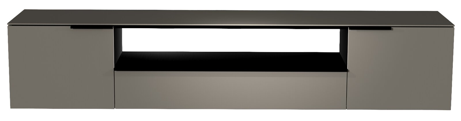 Moderano XL Hänge-Lowboard BORMIO Frontale Ansicht eines modernen, hängenden Lowboards der Serie BORMIO in dunkler Farbe mit zwei Türen und einem offenen Fach in der Mitte.