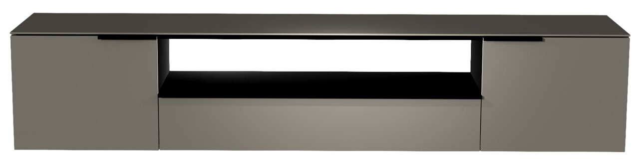 Moderano XL Hänge-Lowboard BORMIO Frontale Ansicht eines modernen, hängenden Lowboards der Serie BORMIO in dunkler Farbe mit zwei Türen und einem offenen Fach in der Mitte.