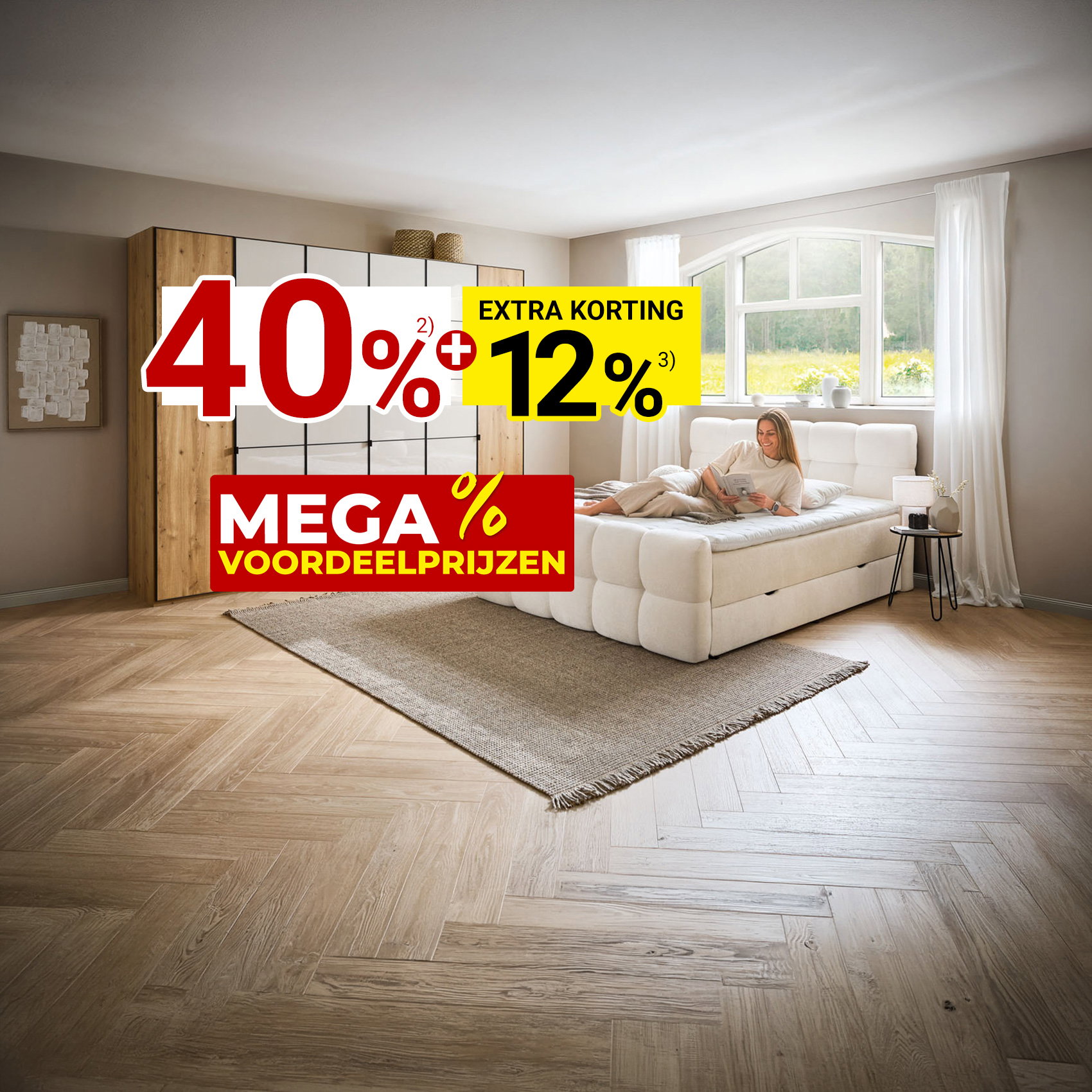 Vrouw ontspant op gestoffeerd bed in lichte slaapkamer met kledingkast en mega spaarprijzen-actie.