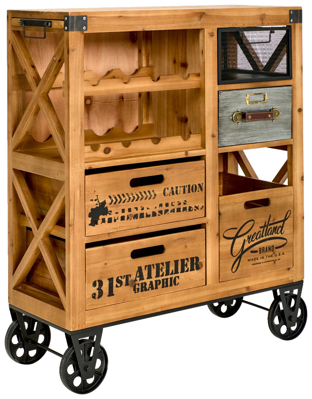 Rustikaler Bar- und Servierwagen aus Holz mit Metallrädern, seitlicher Perspektive, mit Schubladen und Regalen für Flaschen und Zubehör.