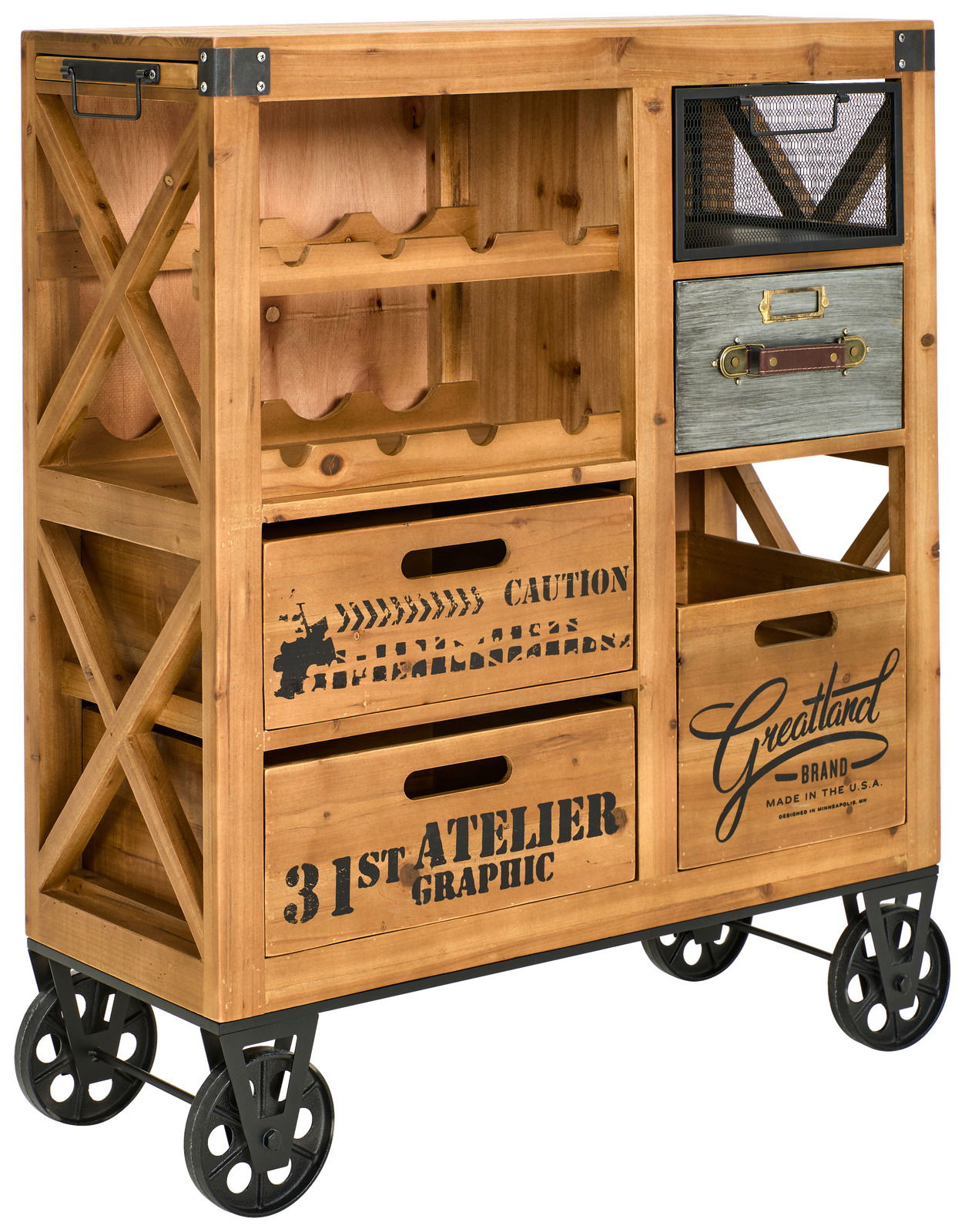 Rustikaler Bar- und Servierwagen aus Holz mit Metallrädern, seitlicher Perspektive, mit Schubladen und Regalen für Flaschen und Zubehör.