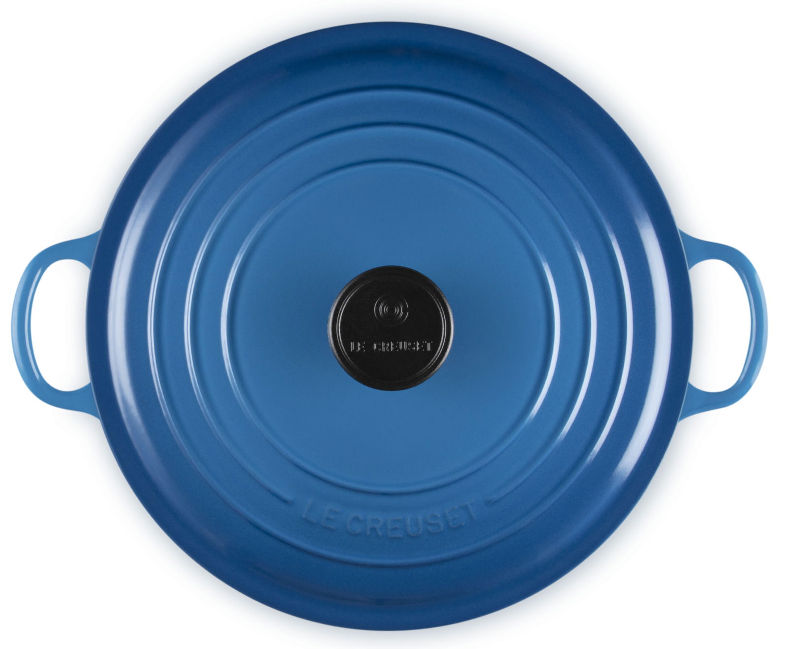 Blauer Bräter 26cm Marseille von oben mit zwei Griffen und schwarzem Knauf