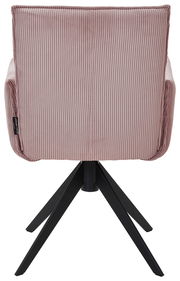 Rückansicht eines Armlehnstuhls mit rosa, geripptem Stoffbezug und schwarzem Metallgestell.