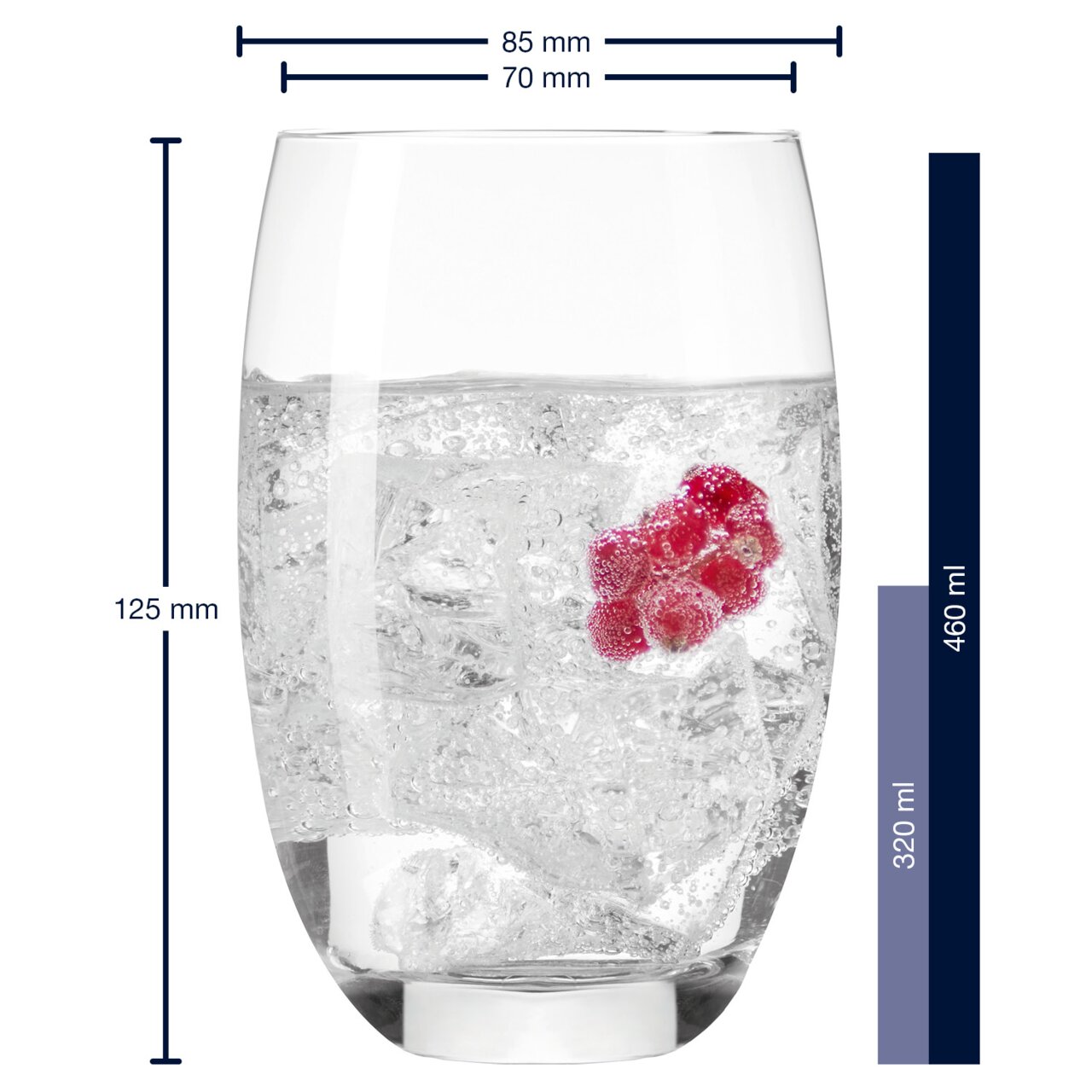 Trinkglas Cheers 460ml, gefüllt mit sprudelndem Wasser und roten Beeren, seitliche Ansicht