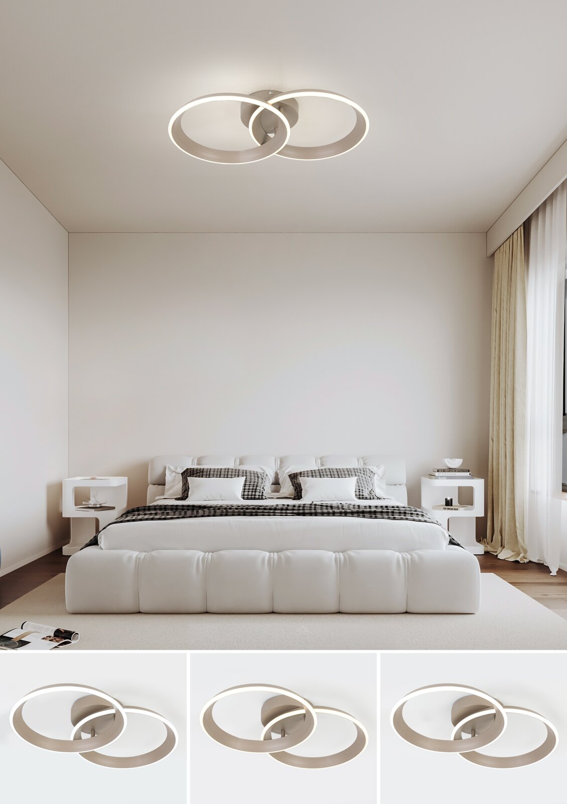 Moderne led-plafondlamp met twee in elkaar verweven ringen, van onderaf gezien in een stijlvolle slaapkamer.
