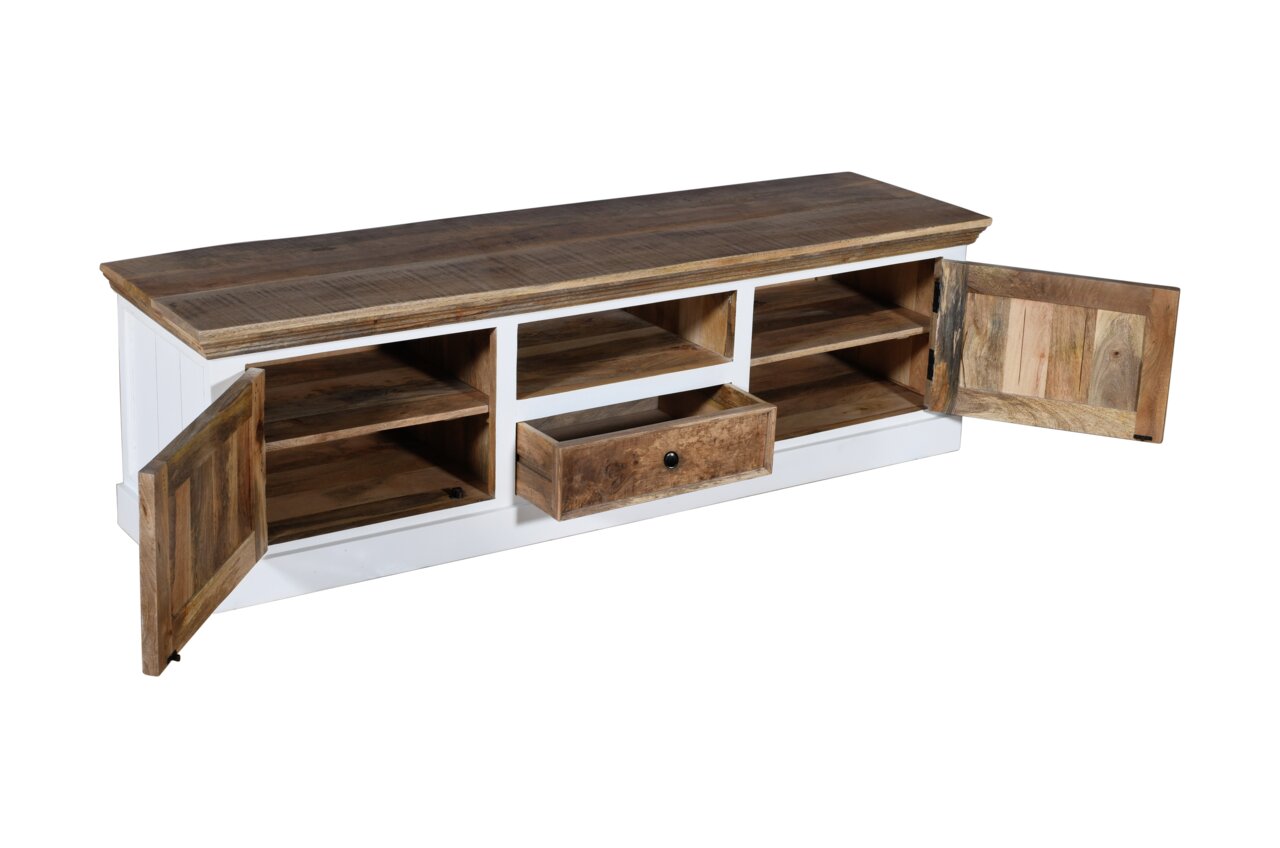 TV-Lowboard aus Holz mit zwei offenen Türen und einer Schublade, Perspektive von vorne