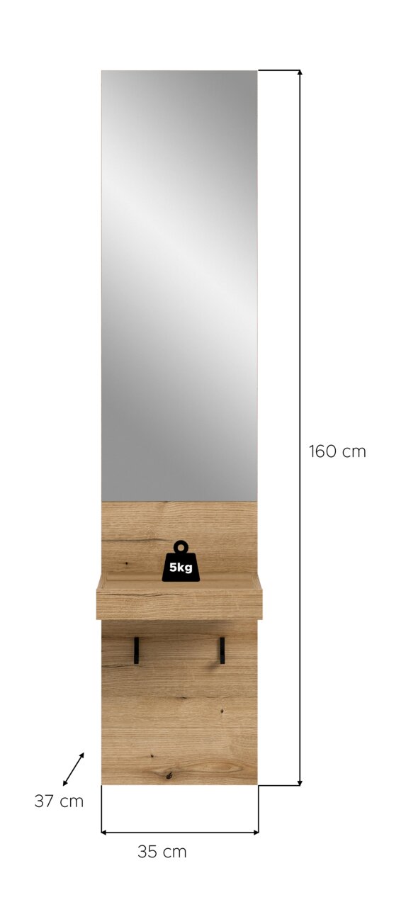 Schmaler Standspiegel mit Holzablage und Holzsockel, Maße ca. 160 x 35 x 37 cm, frontale Ansicht.