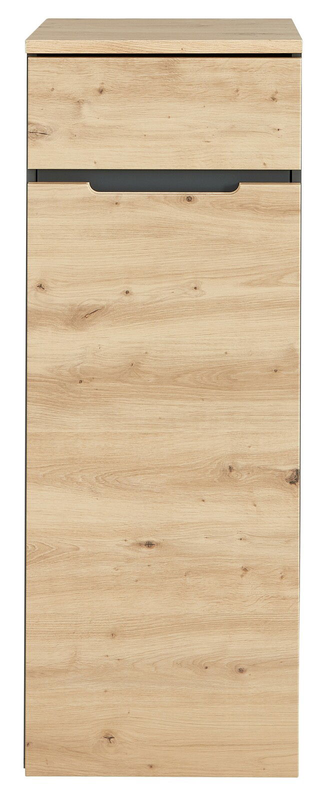 Vorderansicht eines niedrigen, schmalen Aktenschranks in Holzoptik mit einer Schublade und einer Tür.