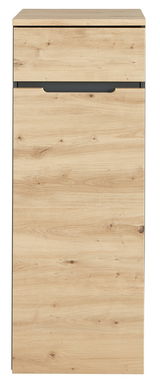 Vorderansicht eines niedrigen, schmalen Aktenschranks in Holzoptik mit einer Schublade und einer Tür.