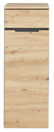 Vorderansicht eines niedrigen, schmalen Aktenschranks in Holzoptik mit einer Schublade und einer Tür.