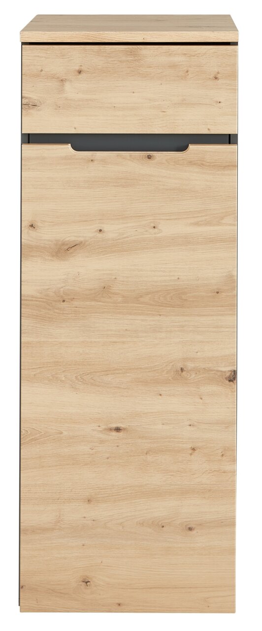 Vorderansicht eines niedrigen, schmalen Aktenschranks in Holzoptik mit einer Schublade und einer Tür.