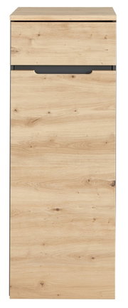 Vooraanzicht van een lage, smalle archiefkast in houtlook met een lade en een deur.