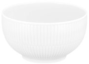 Weiße Müslischale mit geriffeltem Design, seitliche Perspektive