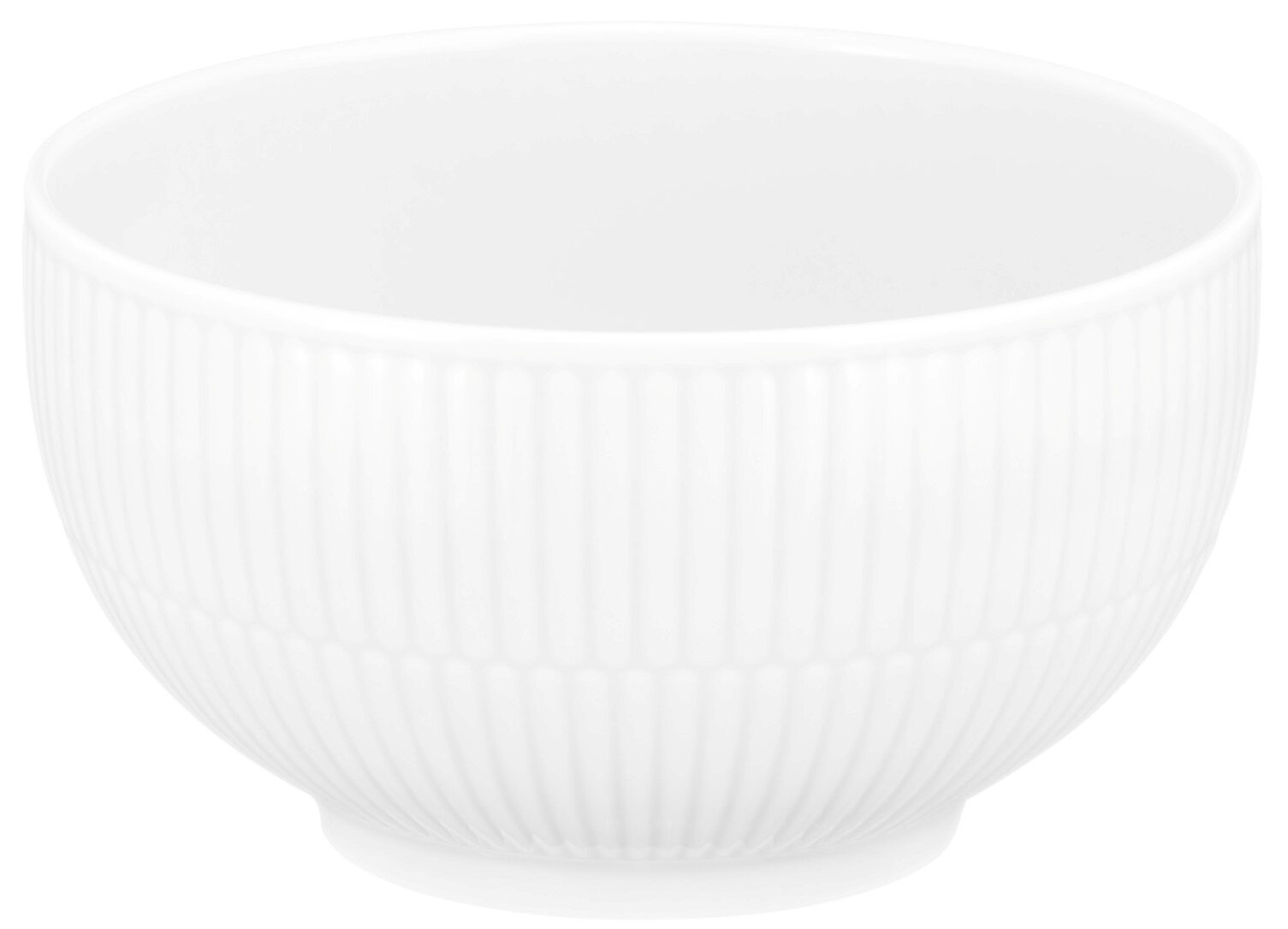 Weiße Müslischale mit geriffeltem Design, seitliche Perspektive