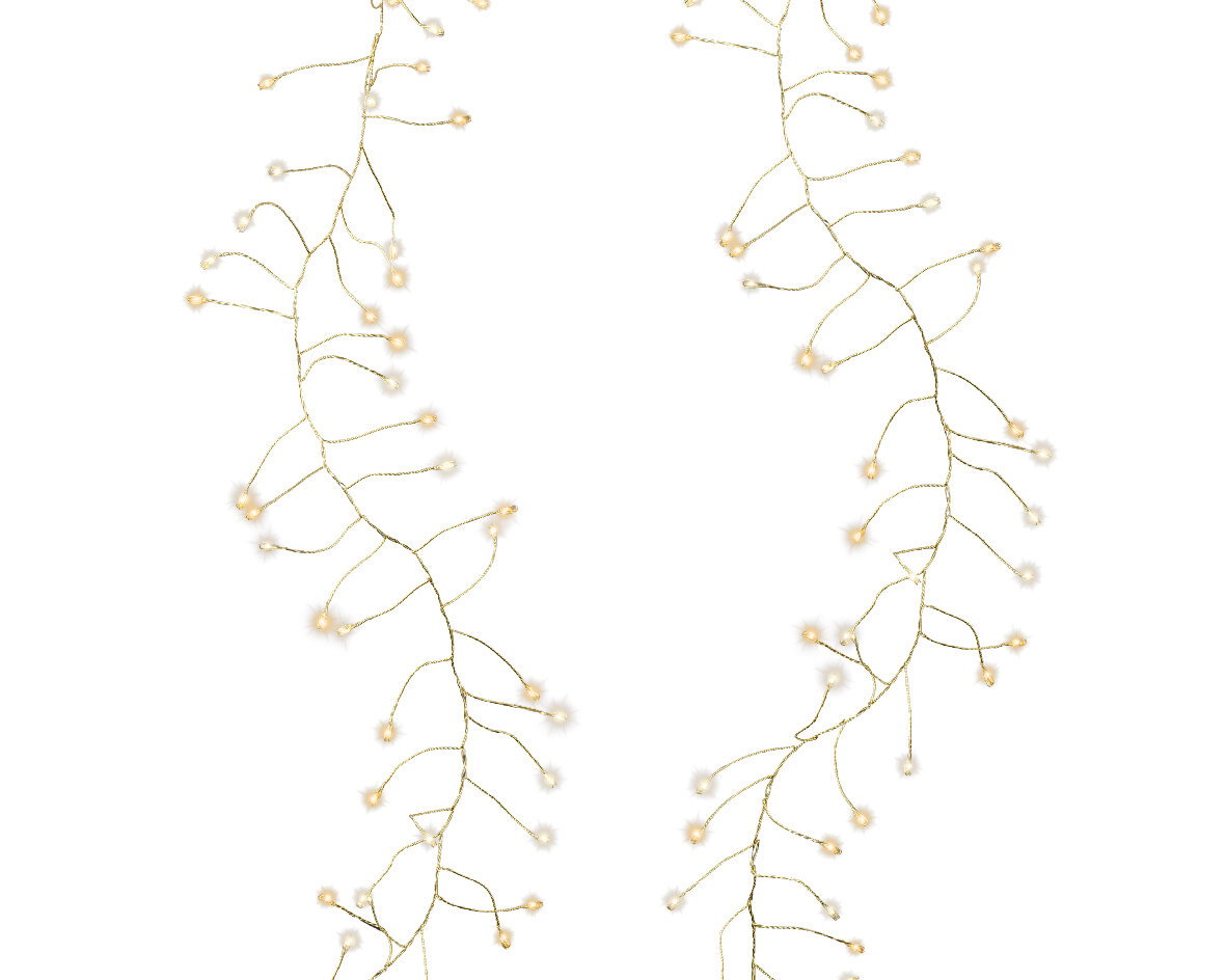 Zwei Stränge von Micro LED Lichterketten in einer geschwungenen Anordnung, aus der Vogelperspektive fotografiert.