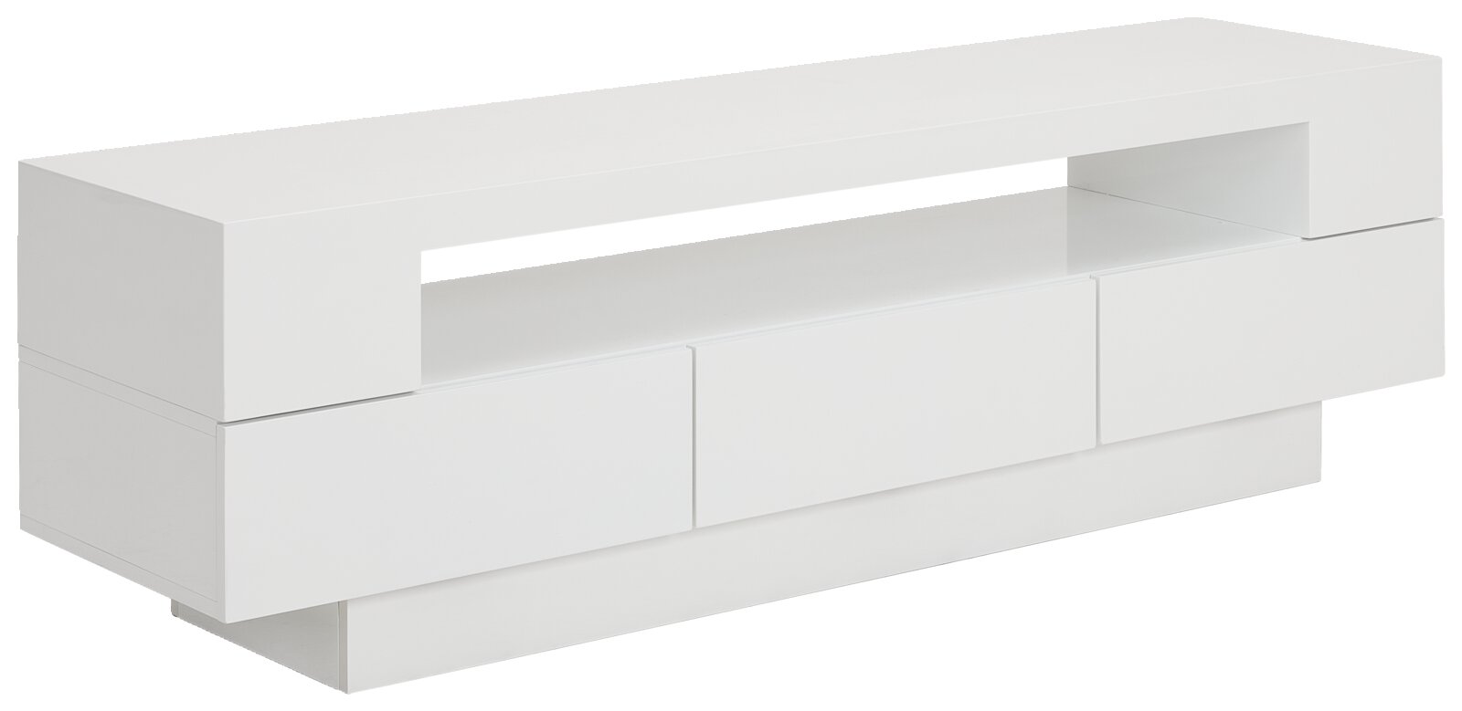 Weißes Lowboard mit modernem, minimalistischem Design, seitliche Perspektive