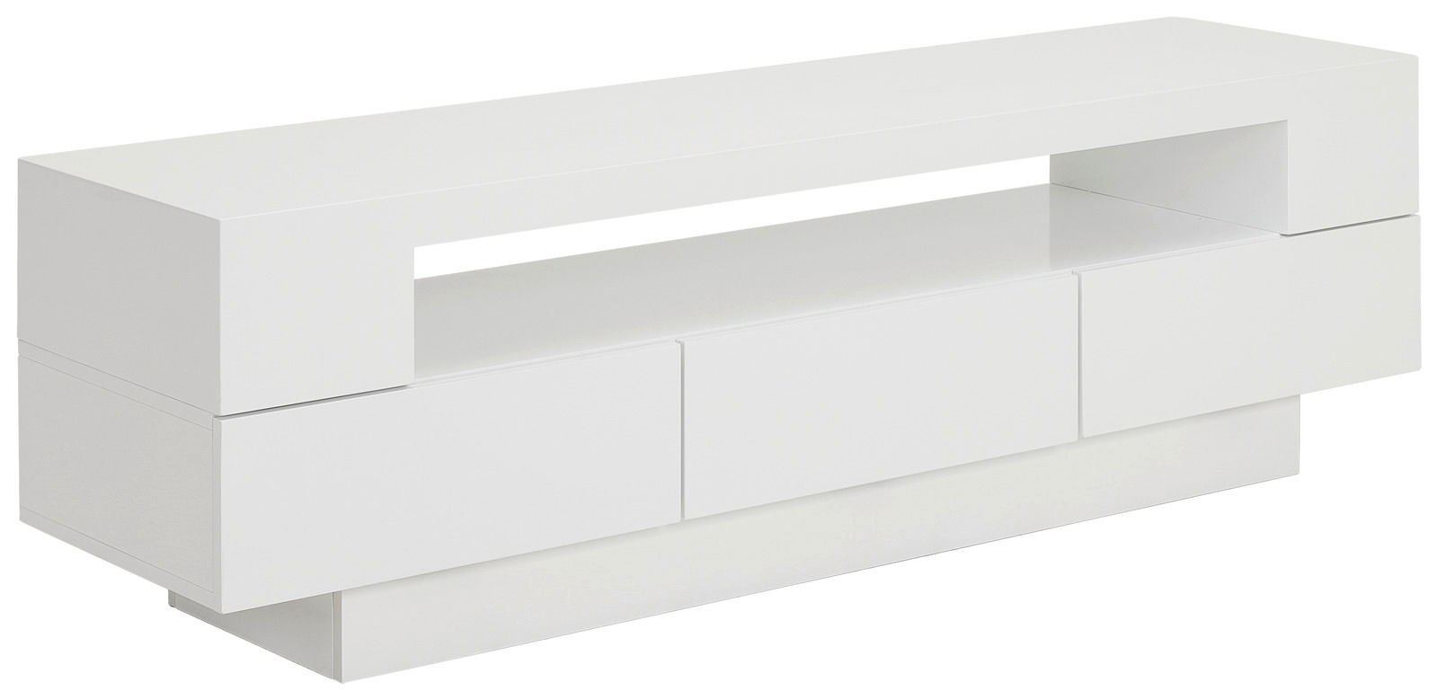 Weißes Lowboard mit modernem, minimalistischem Design, seitliche Perspektive