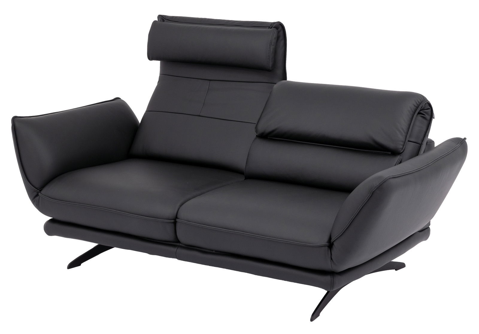 Modernes schwarzes 2,5-Sitzer-Sofa mit verstellbaren Kopfstützen, seitliche Perspektive