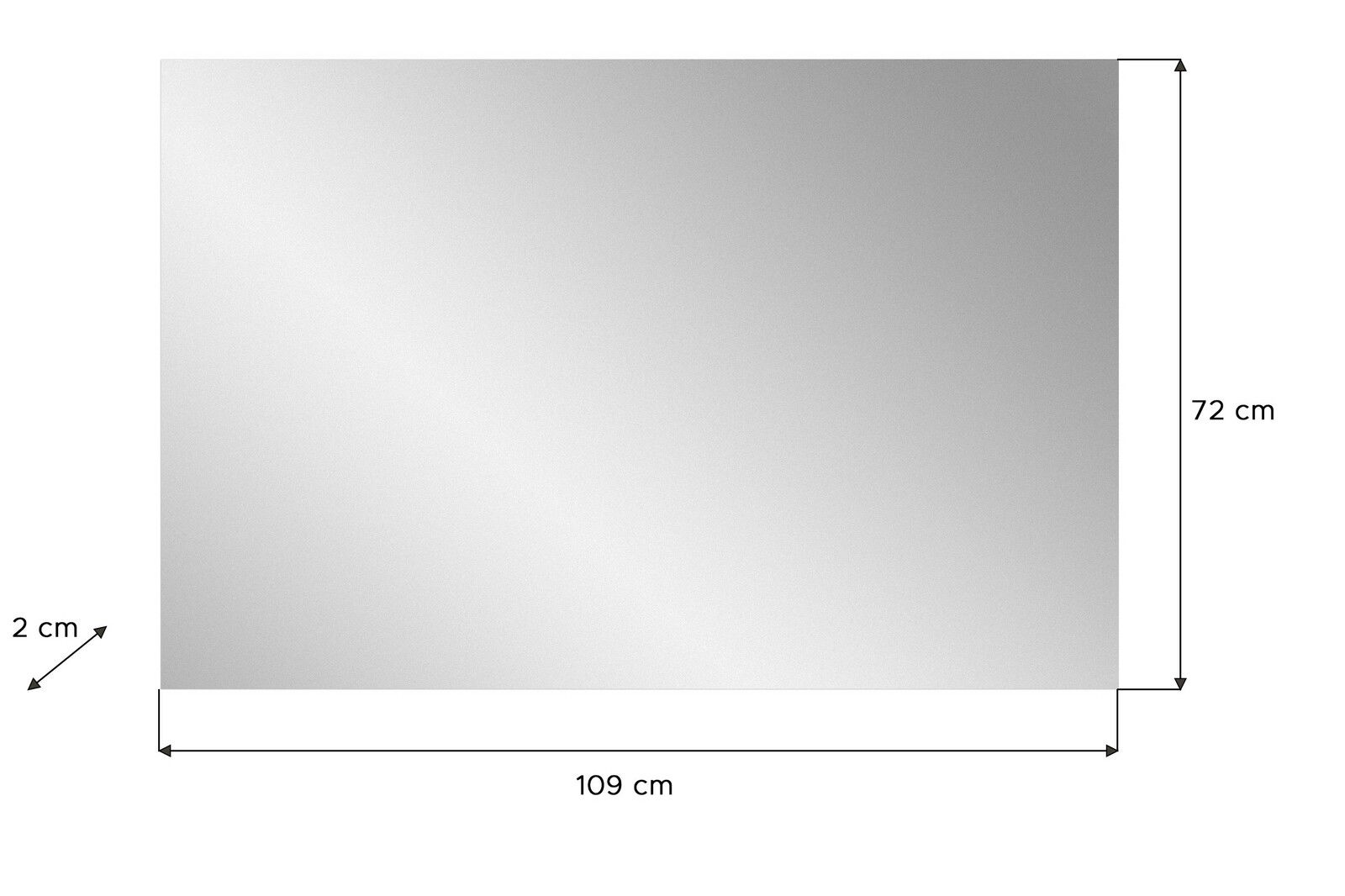 Rechteckiger Spiegel mit den Maßen 109 cm x 72 cm x 2 cm, frontal betrachtet.