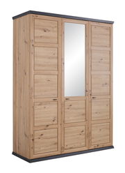 Drehtürenschrank 3-türig aus Holz mit Spiegel in der mittleren Tür, seitliche Perspektive