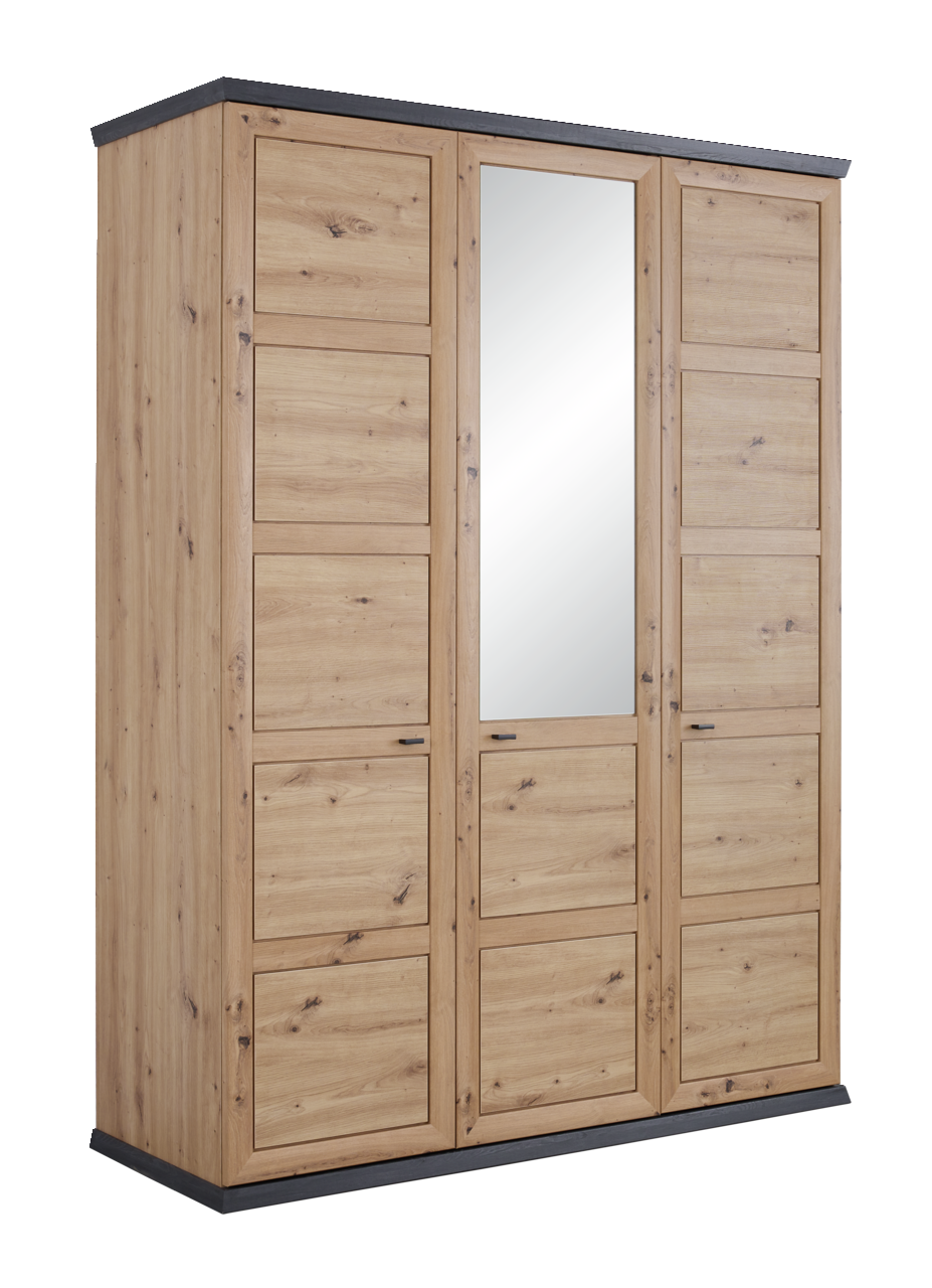 Drehtürenschrank 3-türig aus Holz mit Spiegel in der mittleren Tür, seitliche Perspektive