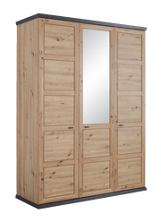 Drehtürenschrank 3-türig aus Holz mit Spiegel in der mittleren Tür, seitliche Perspektive