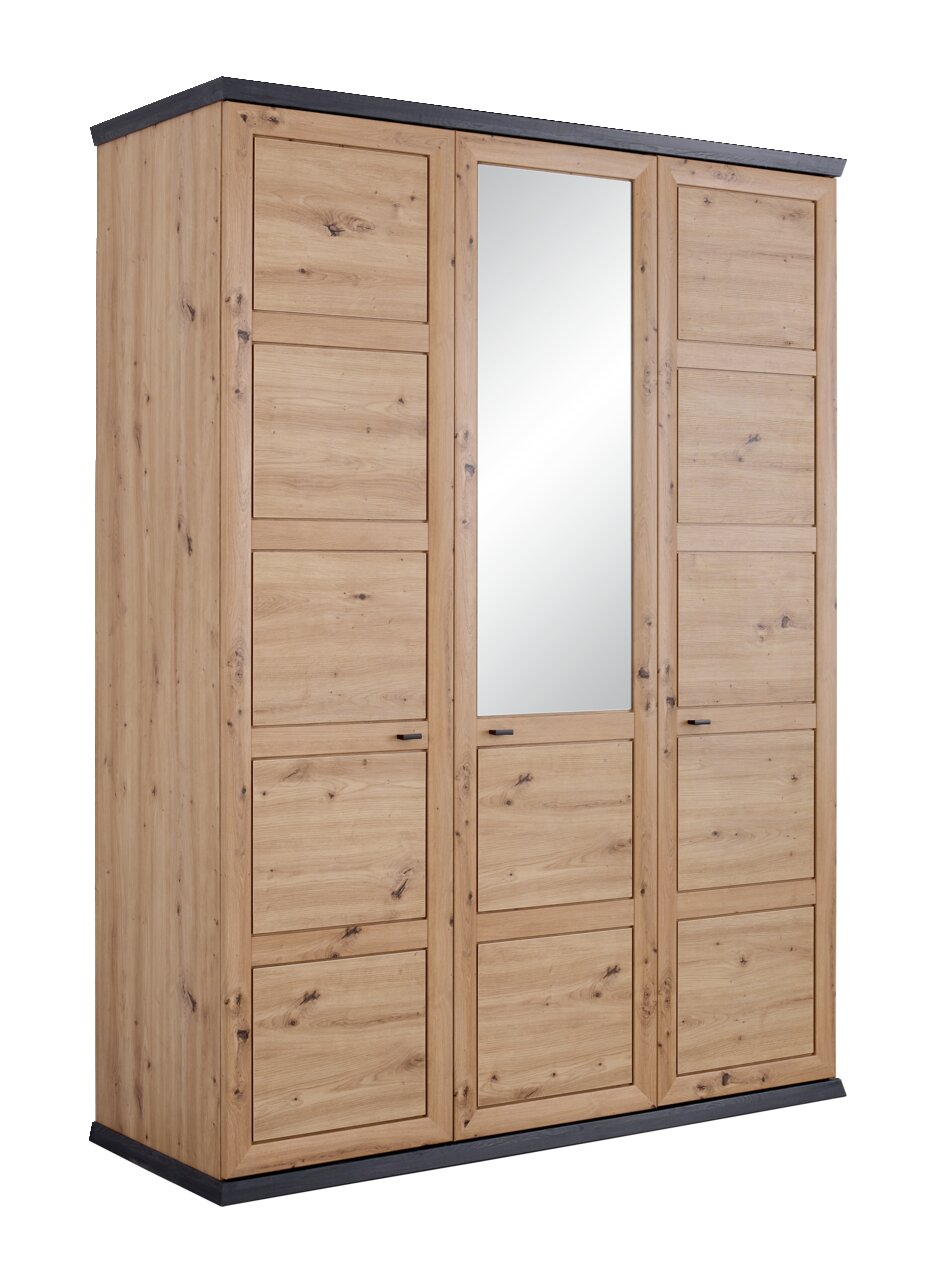 Drehtürenschrank 3-türig aus Holz mit Spiegel in der mittleren Tür, seitliche Perspektive