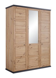 Drehtürenschrank 3-türig aus Holz mit Spiegel in der mittleren Tür, seitliche Perspektive