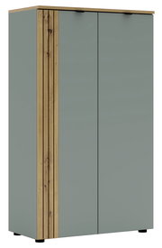 Moderner Büroschrank mit zwei Türen in grauer Farbe und Holzdetails, seitliche Perspektive