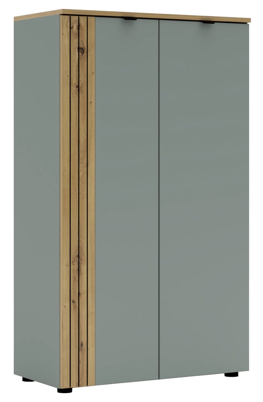 Voleo Highboard DIANA Moderner Büroschrank mit zwei Türen in grauer Farbe und Holzdetails, seitliche Perspektive