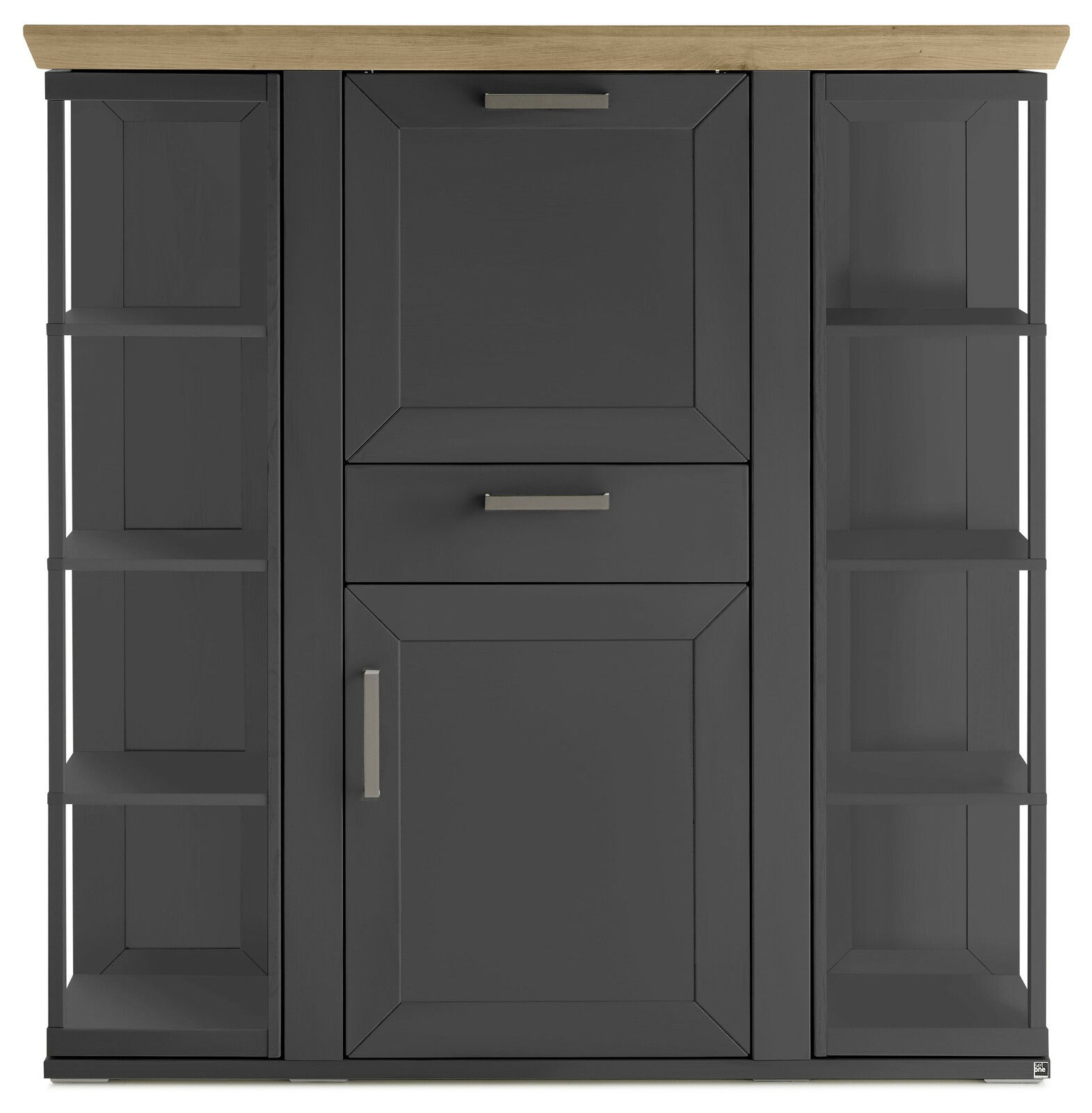 Frontansicht eines modernen Highboards mit Karussell, dunkle Farbe mit Holzplatte und offenen Regalen an den Seiten.