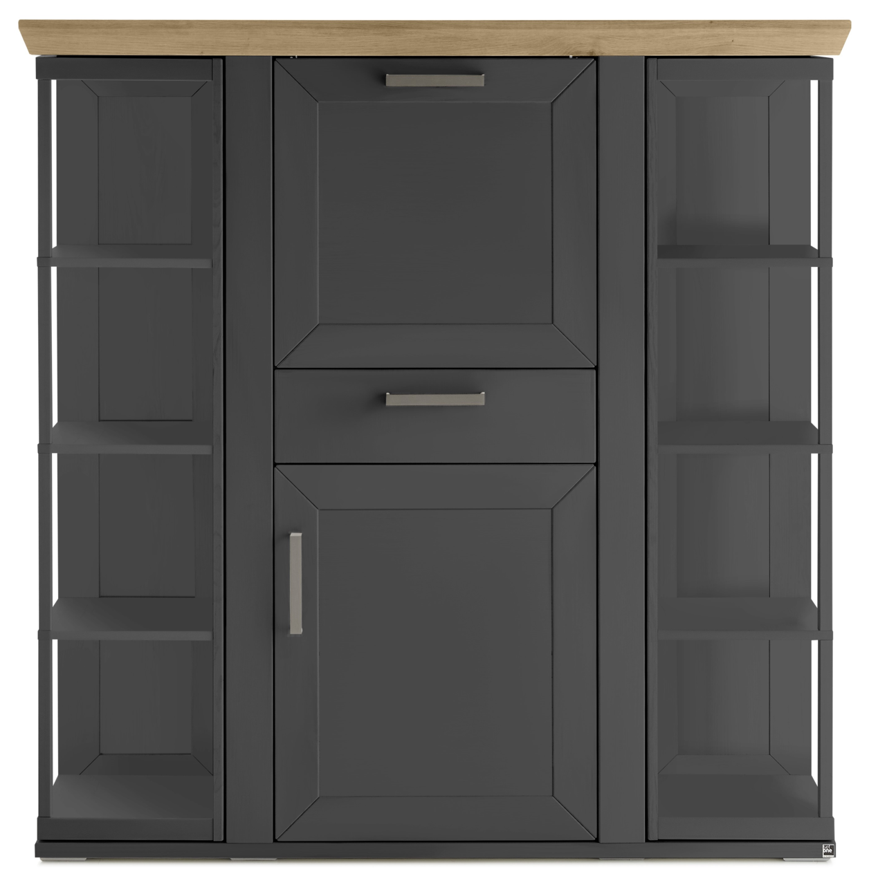 Frontansicht eines modernen Highboards mit Karussell, dunkle Farbe mit Holzplatte und offenen Regalen an den Seiten.