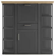 Frontansicht eines modernen Highboards mit Karussell, dunkle Farbe mit Holzplatte und offenen Regalen an den Seiten.