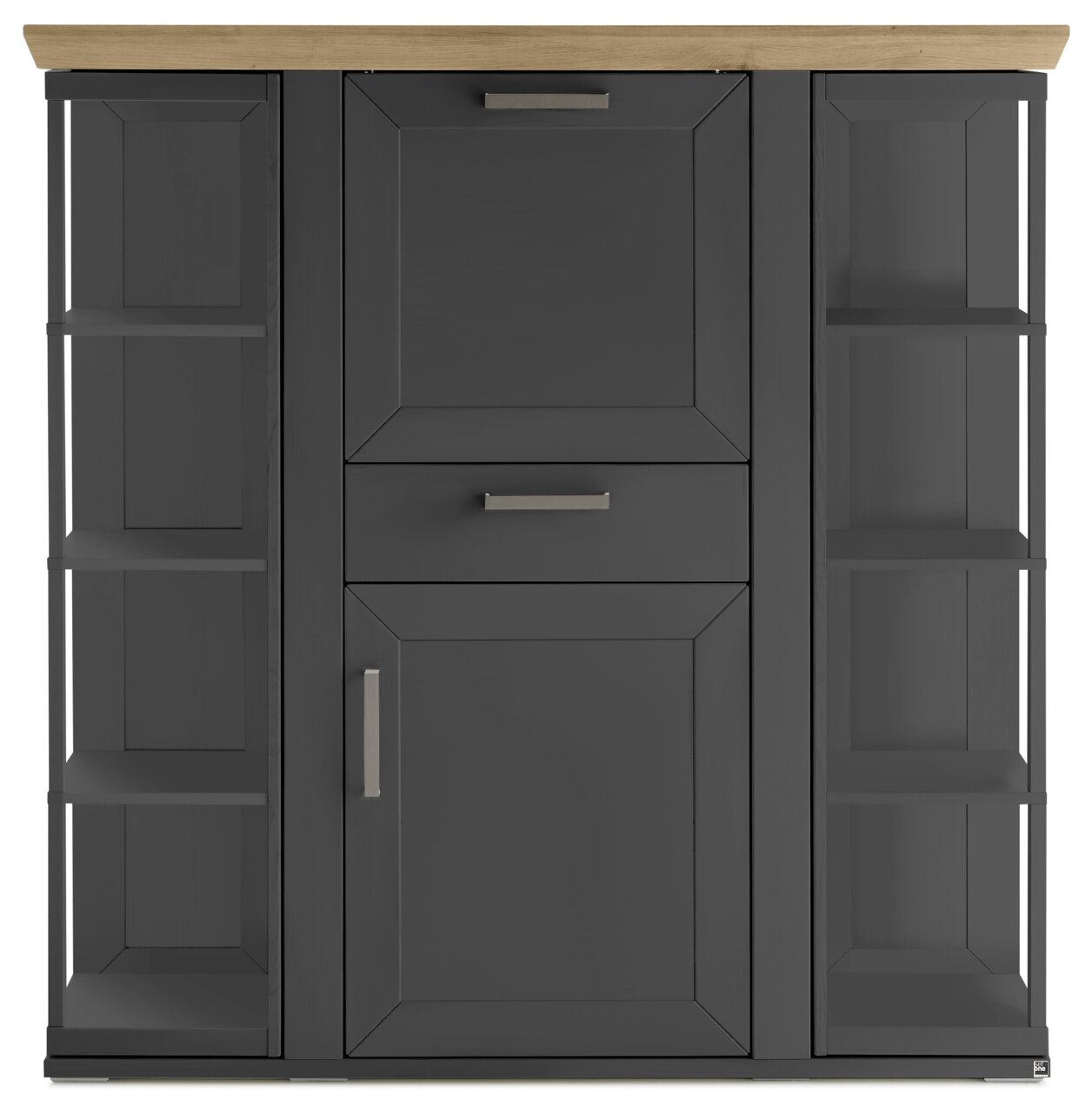 Frontansicht eines modernen Highboards mit Karussell, dunkle Farbe mit Holzplatte und offenen Regalen an den Seiten.