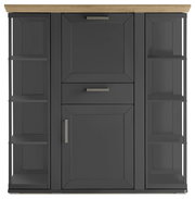 Frontansicht eines modernen Highboards mit Karussell, dunkle Farbe mit Holzplatte und offenen Regalen an den Seiten.