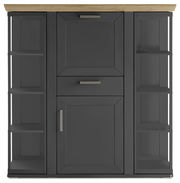 Frontansicht eines modernen Highboards mit Karussell, dunkle Farbe mit Holzplatte und offenen Regalen an den Seiten.