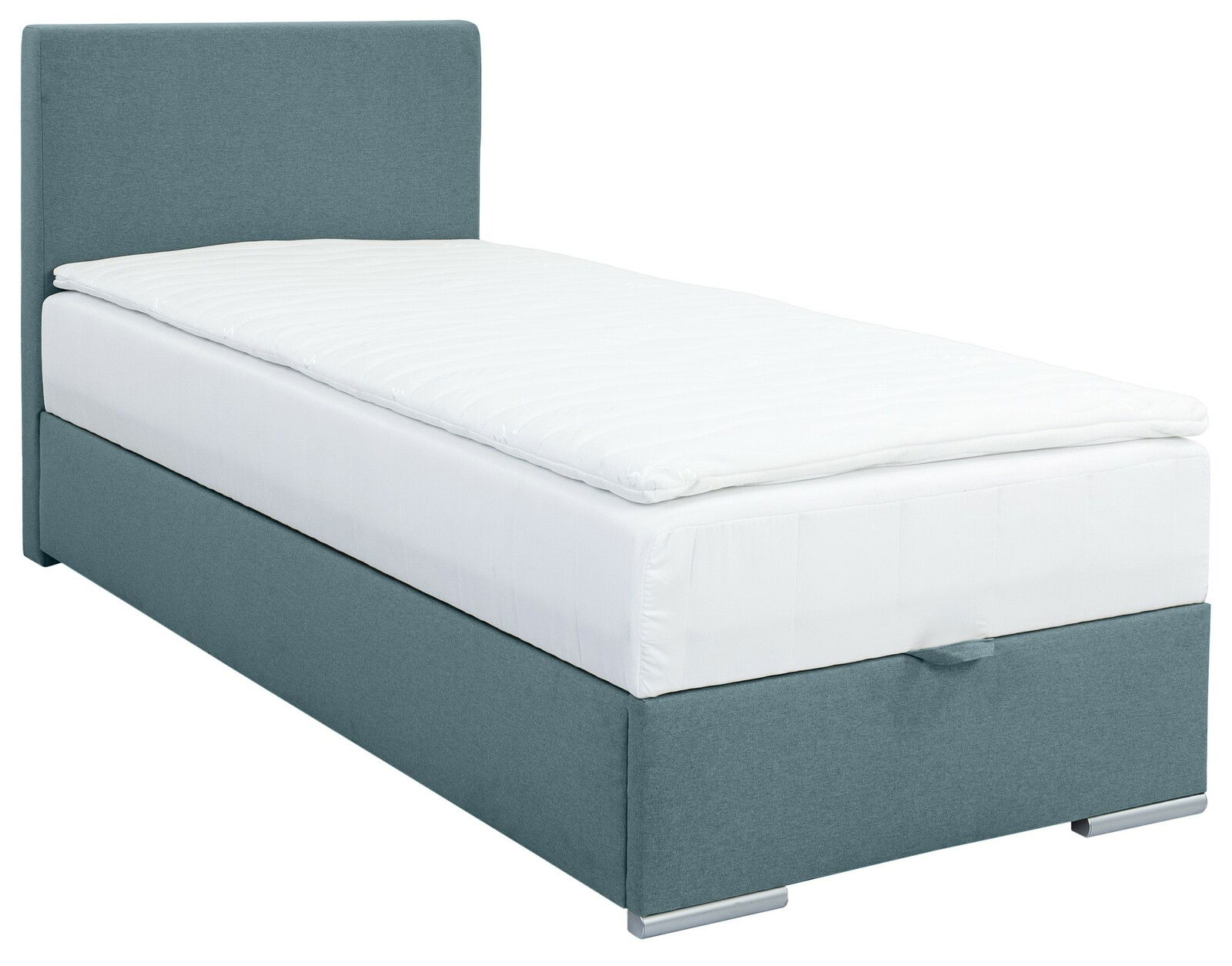 Boxbett 90 in seitlicher Perspektive, mit grauem Stoffbezug und weißer Matratze.