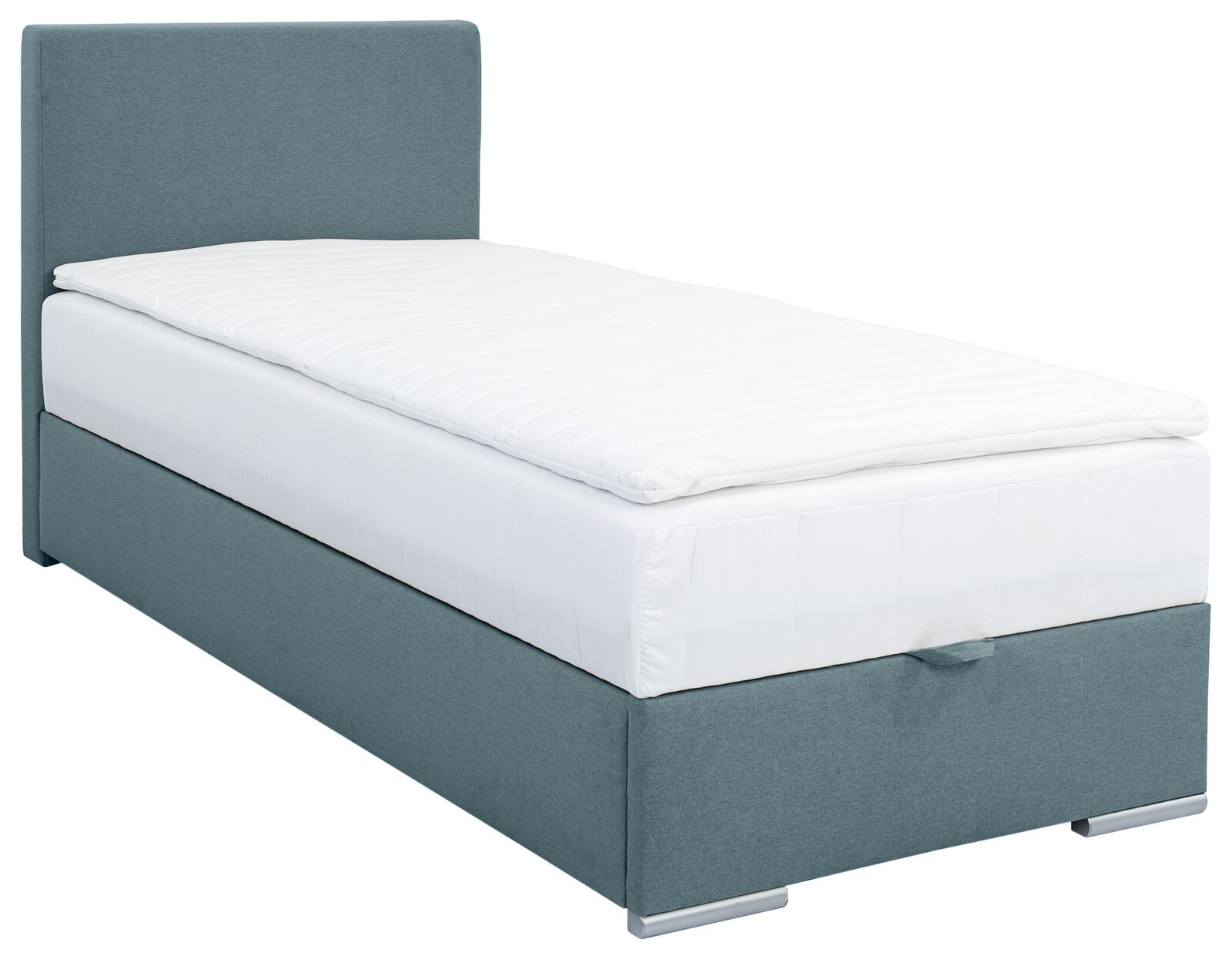 Boxbett 90 in seitlicher Perspektive, mit grauem Stoffbezug und weißer Matratze.